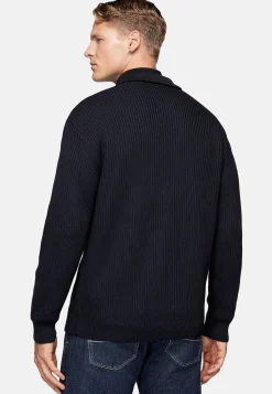Boggi Milano Cardigan Bleu Marine À Col Chemise En Laine Mérinos