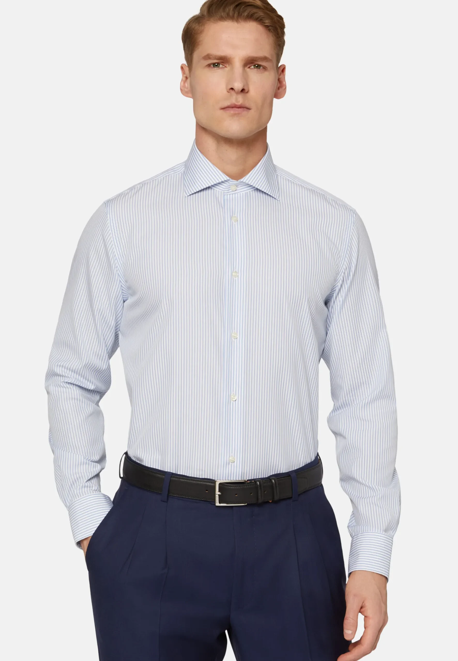 Boggi Milano Chemise À Rayures Bleu Ciel En Coton Slim Fit