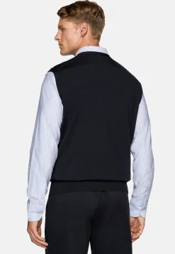 Boggi Milano Gilet En Maille Bleu Marine En Laine Mérinos