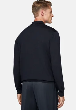Boggi Milano Polo En Maille Bleu Marine En Laine Mérinos