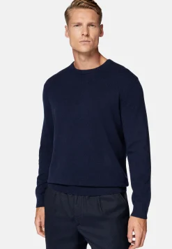 Boggi Milano Pull Col Rond Bleu Marine En Cachemire