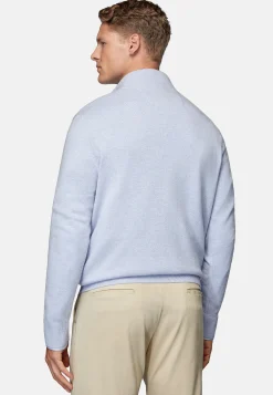 Boggi Milano Pull Demi Zip Bleu Clair En Laine Cachemire