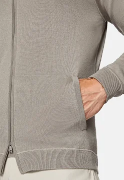 Boggi Milano Pull Full Zip Taupe À Capuche En Laine Mérinos