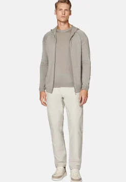 Boggi Milano Pull Full Zip Taupe À Capuche En Laine Mérinos