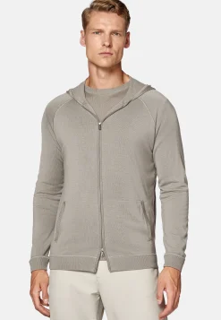 Boggi Milano Pull Full Zip Taupe À Capuche En Laine Mérinos