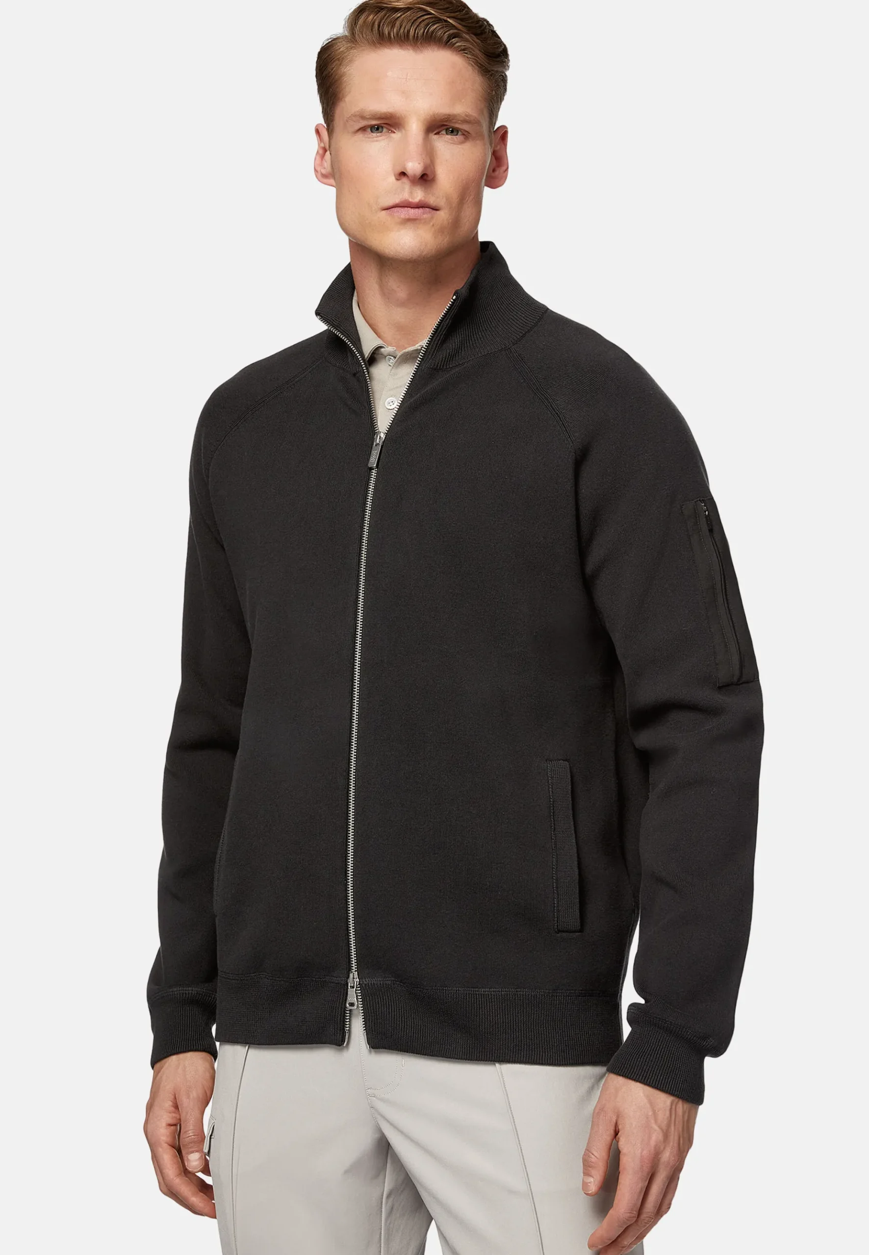 Boggi Milano Sweat-shirt Full Zip Maille Anthracite En Coton Technique